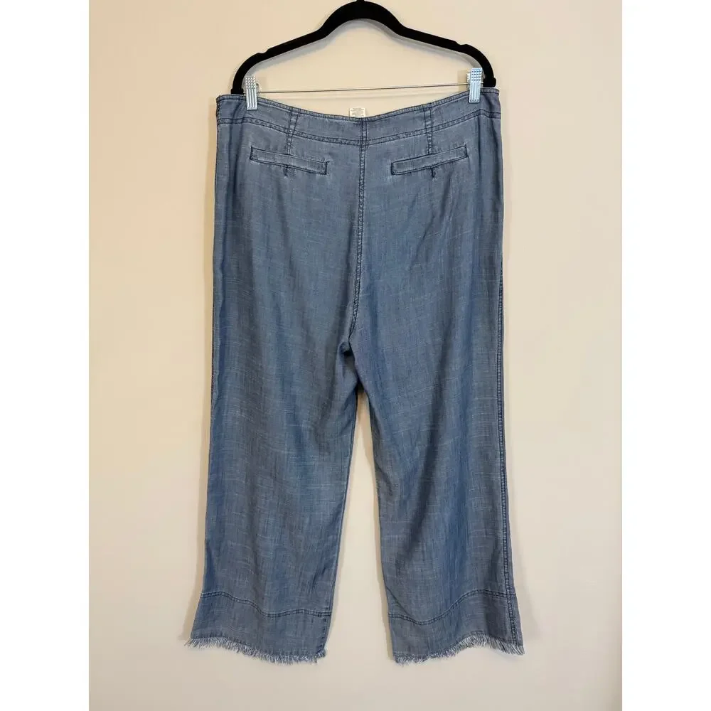 Trina Turk Chambray Pants Womens 37 Blue Linen Blend High Rise Frayed Hem Casual - Picture 2 of 8